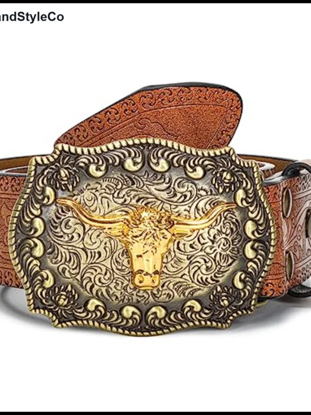 Western Cowboy Belt with Bull Buckle Vintage Engraved PU Leather